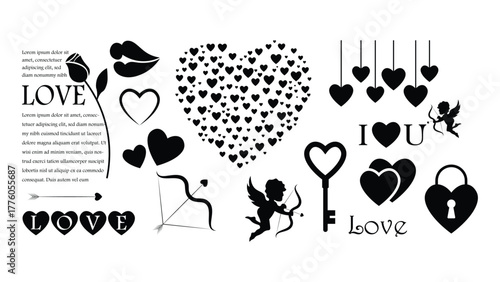 Valentine’s Day love symbols vector set with hearts, cupid, key and romantic design elements