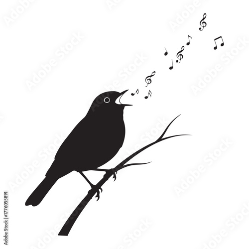 Silhouette of a bird singing on a branch colouring page