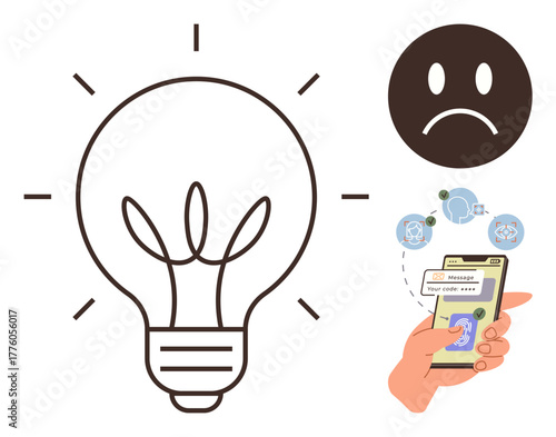 Hand interacting with smartphone for SMS code verification, light bulb for innovation, and sad face for frustration. Ideal for security, technology, emotions, problem-solving, ideas, online services