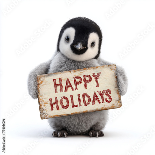 Penguin figurine holding Happy Holidays sign