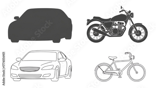 Essential vehicle graphics featuring diverse land transport modes like cars, motorcycles, and bicycles in various design styles