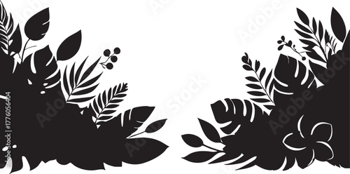 Black and white tropical leaves vector illustration: monstera, palm, and exotic foliage eps silhouette