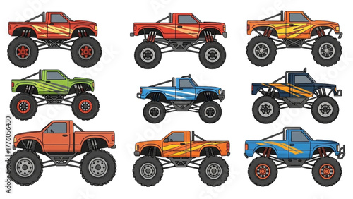 Collection of Off-Road Monster Trucks in Various Colors A Vector Illustration
