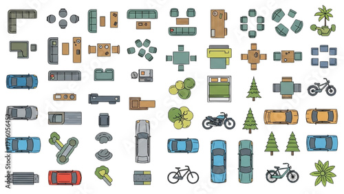 Top view vector icon collection of furniture, vehicles, and plants for architectural planning