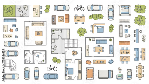 Top-down view of floor plans and furniture arrangements for various rooms
