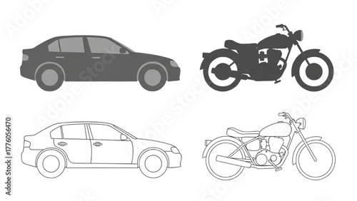 Car and Motorcycle Icons Modern Transportation Vector Illustrations
