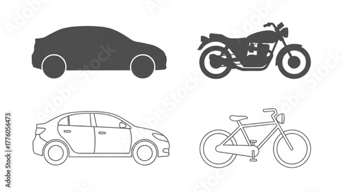 Collection of transport icons featuring car, bicycle, and motorcycle in silhouette and outline style