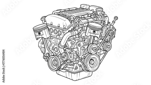 Detailed Line Drawing of a Powerful Automotive Engine Mechanism