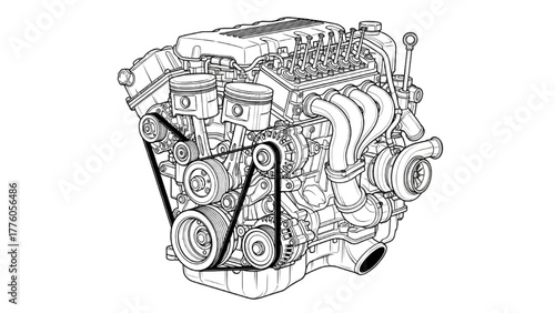 Detailed Black and White Line Drawing of a Car Engine