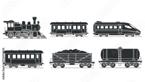 Monochrome vector icon set of various trains, locomotives, passenger cars, and freight wagons