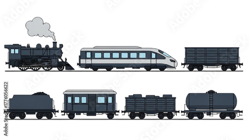 Diverse Train Carriages Steam, High-Speed, and Freight Transport in a Vector Illustration