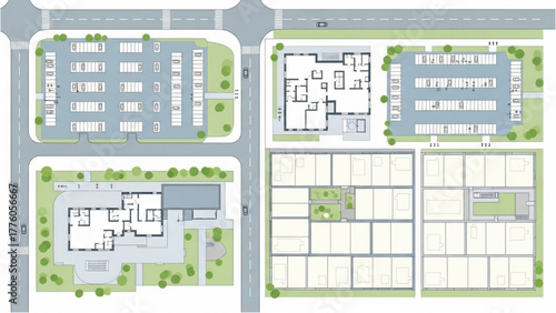 Detailed overhead blueprint of a modern urban commercial development with multiple buildings, parking, and green spaces