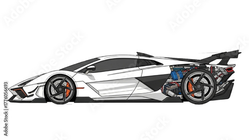 Sleek white sports car with detailed engine and aerodynamic design