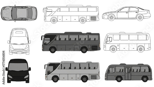 Collection of monochrome vehicle illustrations featuring cars, vans, and buses from multiple angles