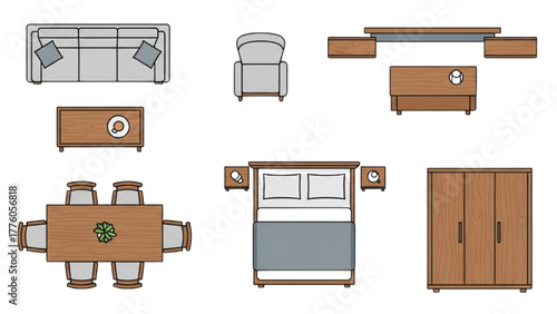 Collection of essential home furniture pieces presented in detailed top-down plan views, ideal for interior design layouts and architectural drafting projects