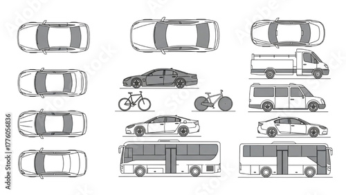 Diverse Collection of Vehicle Illustrations Cars, Bikes, Buses, and Trucks in Top and Side Views