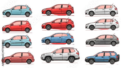 A colorful collection of various modern compact cars and SUVs shown in side profile vector illustration style