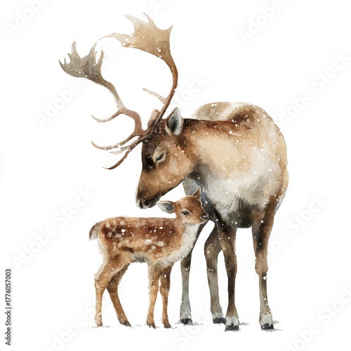 a reindeer with antlers and a baby deer - watercolor drawing