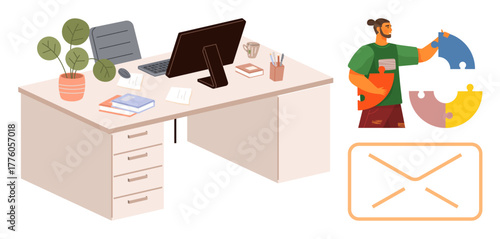 Office desk setup with computer, plant, and books person assembling puzzle pieces mail envelope icon. Ideal for teamwork, productivity, organization, creativity, problem solving, remote work