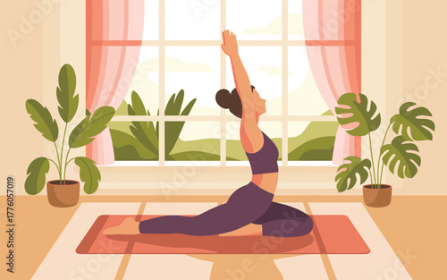 Woman in yoga pose on mat with houseplants and window view