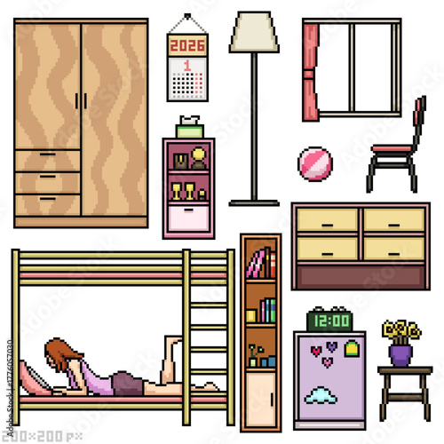 pixel art isolated background set of girl bedroom furniture decoration