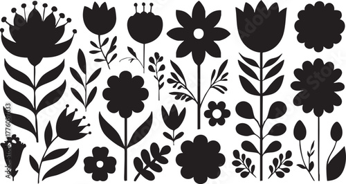 Black and white flower vector set: floral silhouettes for crafts and design eps
