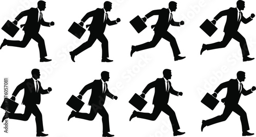 Businessman running icon set, black silhouette vector, urgency and motion graphics, briefcase action poses, corporate rush illustration, professional movement design pack