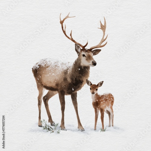a reindeer with antlers and a baby deer - watercolor drawing