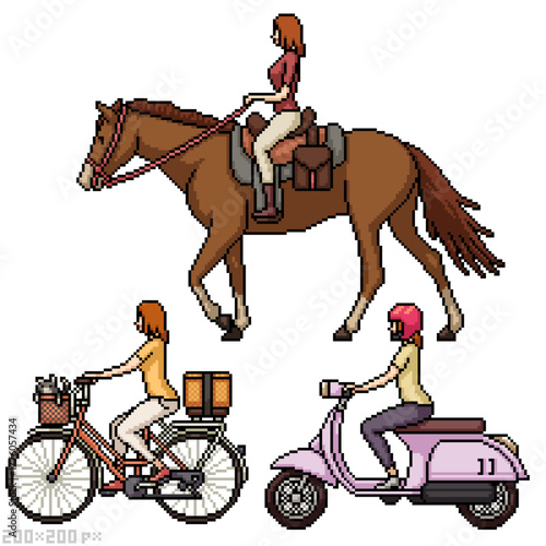 pixel art isolated background set of woman ride bike horse