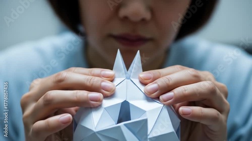 Woman Folds Intricate Origami Structure, Precision Crafting, Paper Art Creation
