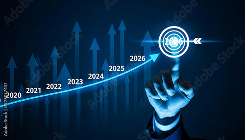 2020-2026 Business Growth Target Hand Touching Goal Arrow Progress Development Futuristic Strategy