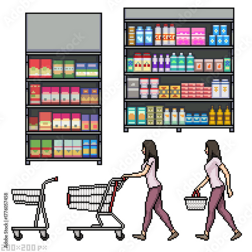 pixel art isolated background set of woman grocery shopping supermarket