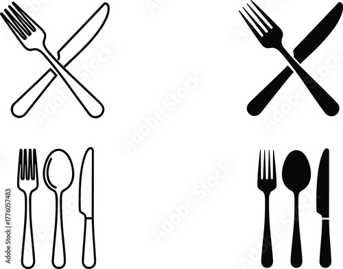 Dining utensil icon set, fork knife spoon symbols, black and white vector, restaurant graphic elements, food interface icons, culinary silhouette illustration