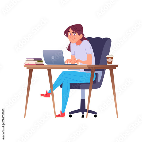Smiling Young Woman Working on Laptop at Desk: Remote Work Illustration