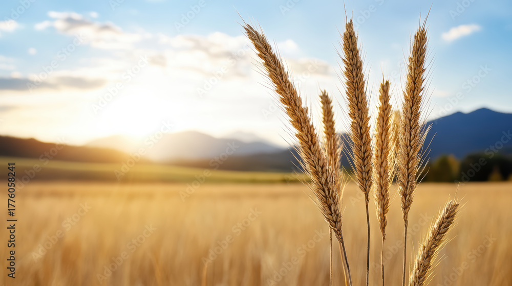 Naklejka premium Golden sunlight over wheat field creates peaceful atmosphere with mountains in background