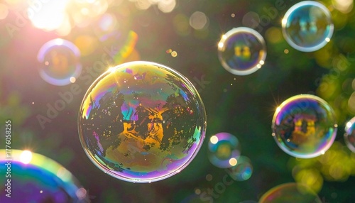 Translucent Soap Bubbles Floating in Sunlight with Rainbow Reflections and Dreamy Green Bokeh Background