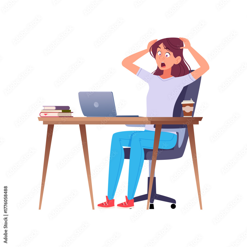 Fototapeta premium Young Woman Shocked And Surprised While Working Remotely at Her Laptop