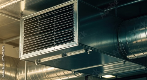 Metallic ventilation system with a rectangular vent and circular ducts on a ceiling