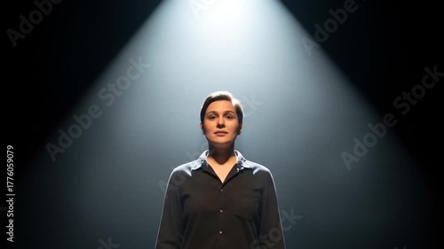 Woman Illuminated by Spotlight in Dark Setting, Facing Camera Directly