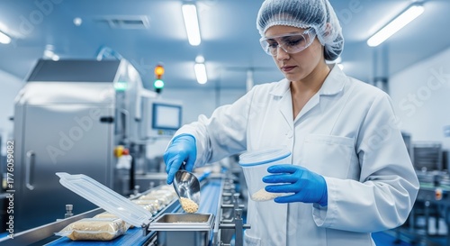 Female technician inspecting food packaging in modern industrial facility