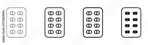 A set of minimalist linear and filled vector icons depicting pill blister packs, essential for medical applications, health and pharmacy designs, highlighting medication and treatment.
