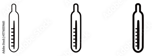 Minimalist black and white set of thermometer icons for medical applications, health monitoring, and fever measurement, representing temperature and diagnosis.
