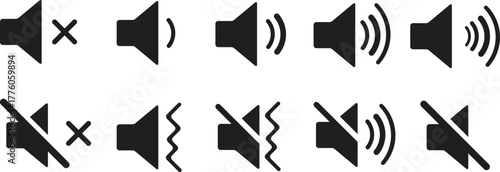 Volume Icon set. Loudspeaker Mute and unmute volume sound flat vector icons for video apps and websites. Speaker volume icon -audio voice sound symbol media music. Simple black line flat glyph vector.