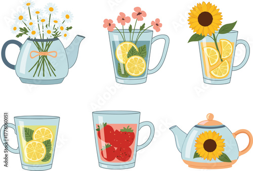 Teapot and mug illustration, floral fruit decoration, lemon strawberry mint design, glass container vector, kitchen decor element, herbal drink concept art