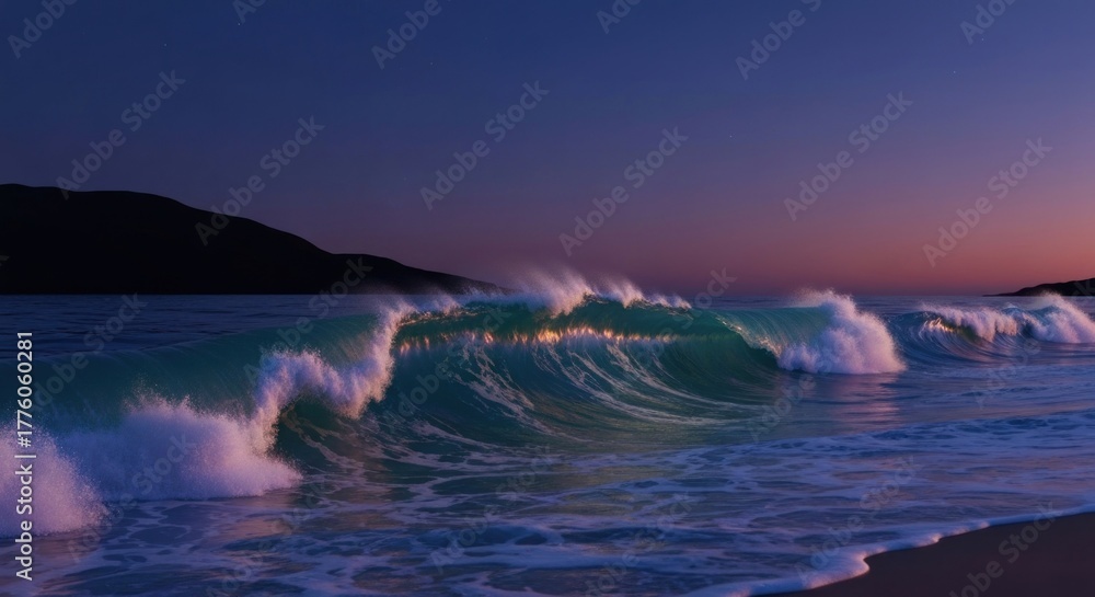 Fototapeta premium Ocean waves crest at twilight, backlit by the setting sun near a sandy beach