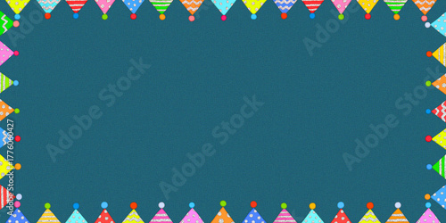 Colorful party hat garland border on dark textured background for kids birthday Invitation , Celebration background.