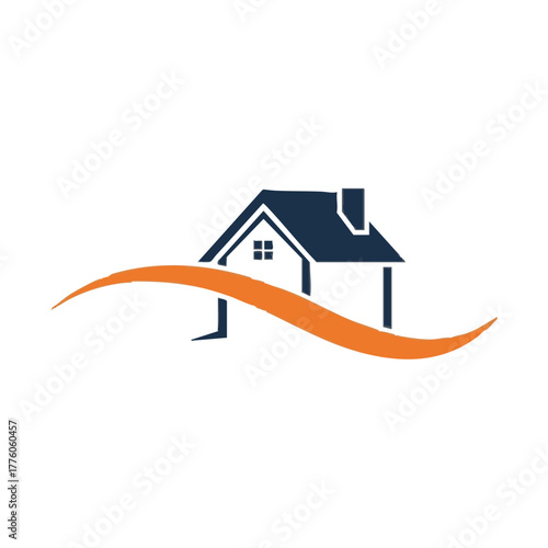 A sleek, modern house icon featuring a dark blue silhouette with an elegant orange wave flowing beneath, symbolizing real estate development and home solutions.