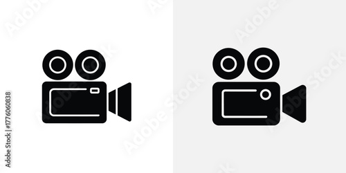 Black and White Iconography Two Vintage Movie Cameras Displayed on a Split Background