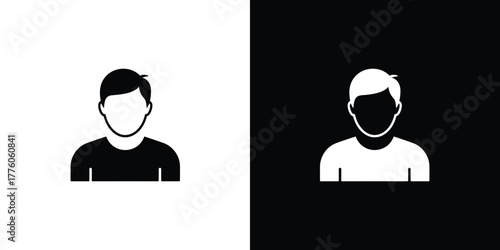 Black and White Icons Showing Man with Short Hair, Tshirt, on Opposite Backgrounds