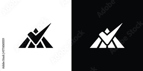 Black and White Mountain Icon with Checkmark Symbol, Showing Success on Mountain Peaks